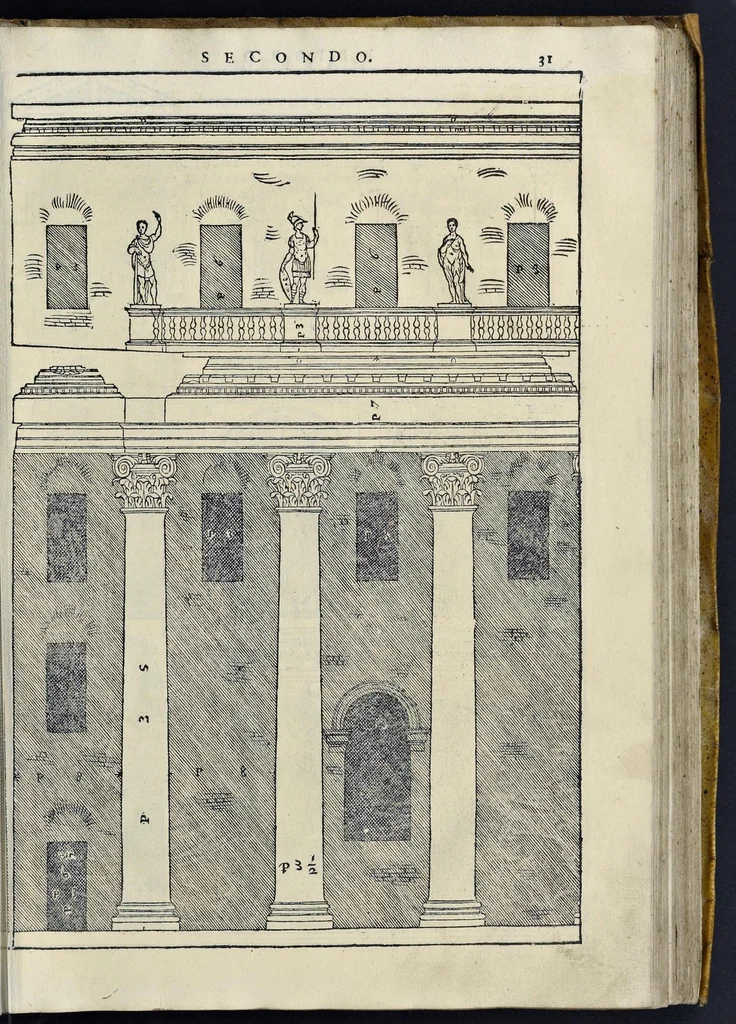 An illustration from I quattro libri dell'architettura di Andrea Palladio : ne' quali, dopo vn breue trattato de' cinque ordini, & di quelli auertimenti, che sono piu necessarij nel fabricare : si tratta delle case priuate, delle vie, dei ponti, delle piazze, dei xisti, et de' tempij, 1581, leaf 102