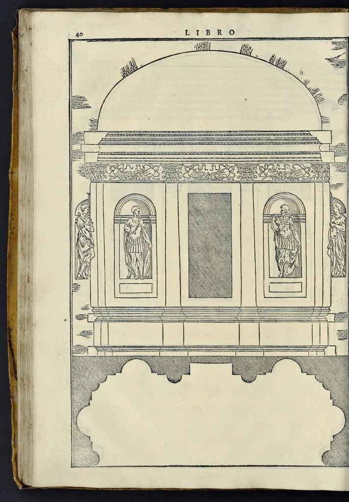 An illustration from I quattro libri dell'architettura di Andrea Palladio : ne' quali, dopo vn breue trattato de' cinque ordini, & di quelli auertimenti, che sono piu necessarij nel fabricare : si tratta delle case priuate, delle vie, dei ponti, delle piazze, dei xisti, et de' tempij, 1581, leaf 111