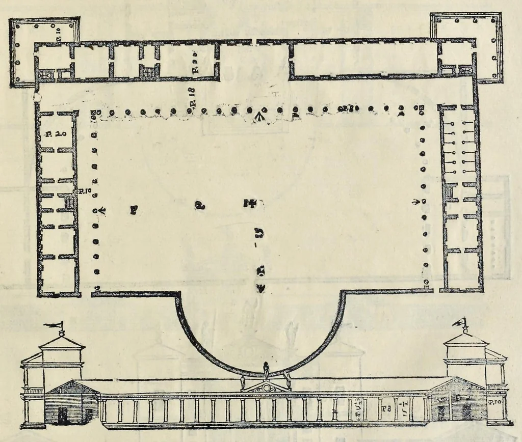 An illustration from I quattro libri dell'architettura di Andrea Palladio : ne' quali, dopo vn breue trattato de' cinque ordini, & di quelli auertimenti, che sono piu necessarij nel fabricare : si tratta delle case priuate, delle vie, dei ponti, delle piazze, dei xisti, et de' tempij, 1581, leaf 132