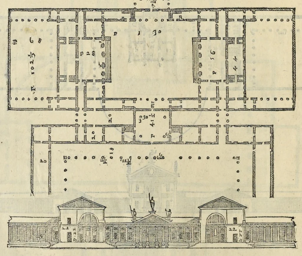 An illustration from I quattro libri dell'architettura di Andrea Palladio : ne' quali, dopo vn breue trattato de' cinque ordini, & di quelli auertimenti, che sono piu necessarij nel fabricare : si tratta delle case priuate, delle vie, dei ponti, delle piazze, dei xisti, et de' tempij, 1581, leaf 135