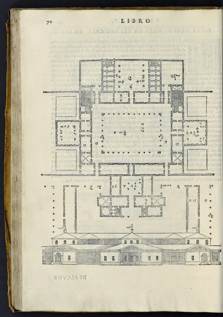 An illustration from I quattro libri dell'architettura di Andrea Palladio : ne' quali, dopo vn breue trattato de' cinque ordini, & di quelli auertimenti, che sono piu necessarij nel fabricare : si tratta delle case priuate, delle vie, dei ponti, delle piazze, dei xisti, et de' tempij, 1581, leaf 141