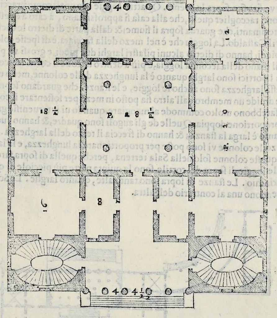 An illustration from I quattro libri dell'architettura di Andrea Palladio : ne' quali, dopo vn breue trattato de' cinque ordini, & di quelli auertimenti, che sono piu necessarij nel fabricare : si tratta delle case priuate, delle vie, dei ponti, delle piazze, dei xisti, et de' tempij, 1581, leaf 148