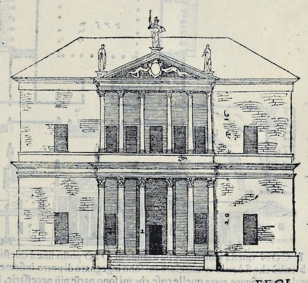 An illustration from I quattro libri dell'architettura di Andrea Palladio : ne' quali, dopo vn breue trattato de' cinque ordini, & di quelli auertimenti, che sono piu necessarij nel fabricare : si tratta delle case priuate, delle vie, dei ponti, delle piazze, dei xisti, et de' tempij, 1581, leaf 148
