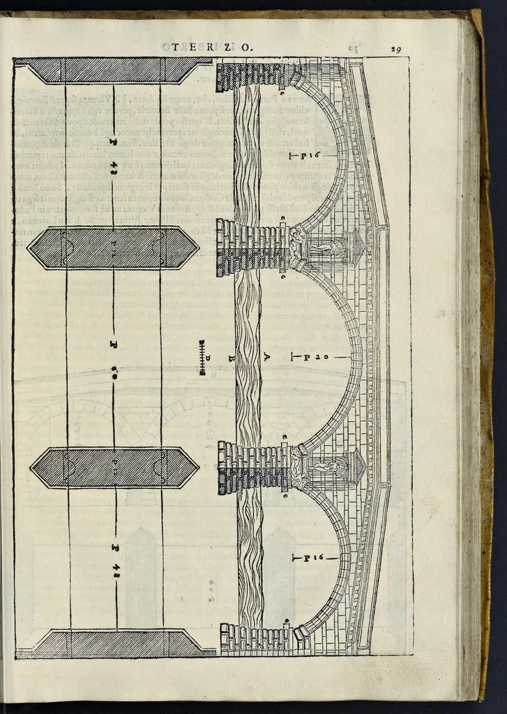 An illustration from I quattro libri dell'architettura di Andrea Palladio : ne' quali, dopo vn breue trattato de' cinque ordini, & di quelli auertimenti, che sono piu necessarij nel fabricare : si tratta delle case priuate, delle vie, dei ponti, delle piazze, dei xisti, et de' tempij, 1581, leaf 180