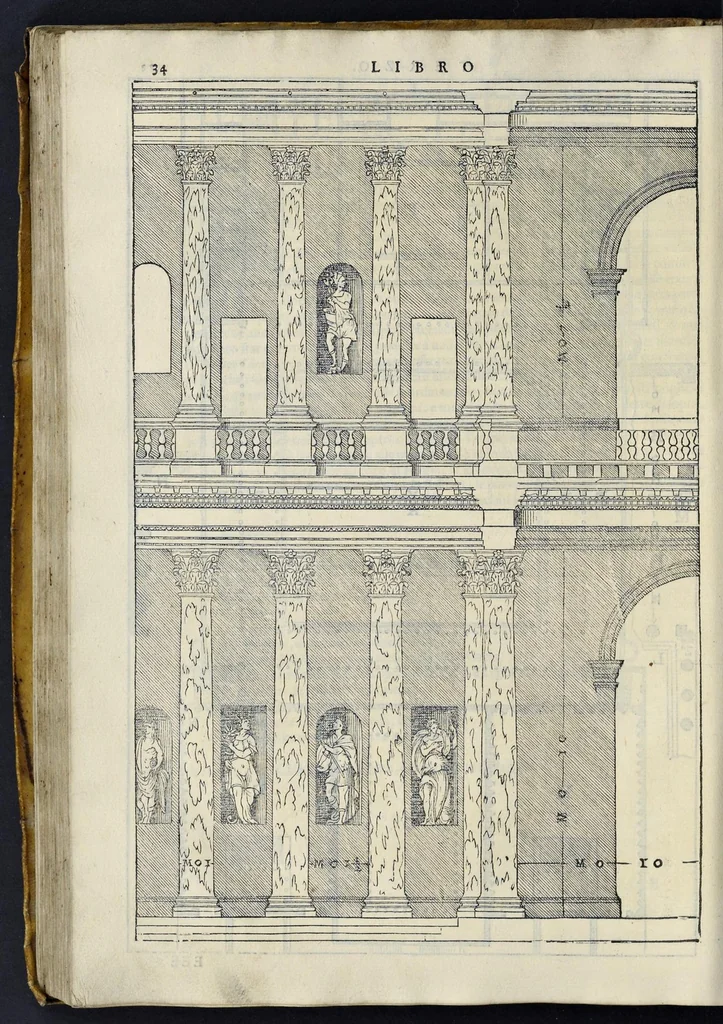 An illustration from I quattro libri dell'architettura di Andrea Palladio : ne' quali, dopo vn breue trattato de' cinque ordini, & di quelli auertimenti, che sono piu necessarij nel fabricare : si tratta delle case priuate, delle vie, dei ponti, delle piazze, dei xisti, et de' tempij, 1581, leaf 185