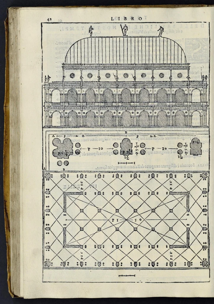 An illustration from I quattro libri dell'architettura di Andrea Palladio : ne' quali, dopo vn breue trattato de' cinque ordini, & di quelli auertimenti, che sono piu necessarij nel fabricare : si tratta delle case priuate, delle vie, dei ponti, delle piazze, dei xisti, et de' tempij, 1581, leaf 193