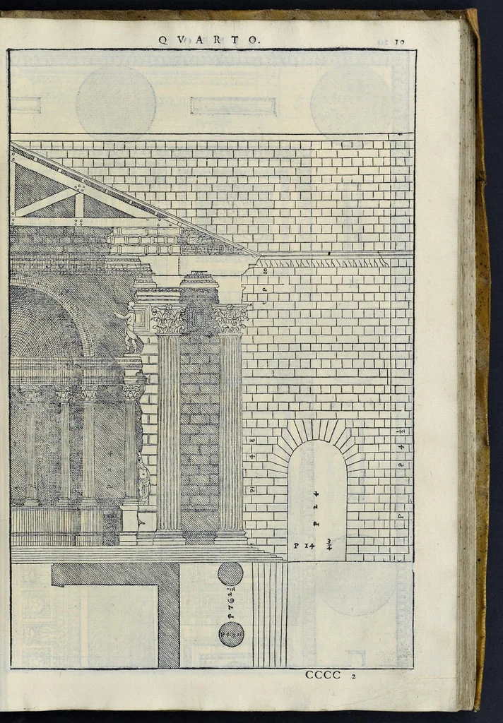 An illustration from I quattro libri dell'architettura di Andrea Palladio : ne' quali, dopo vn breue trattato de' cinque ordini, & di quelli auertimenti, che sono piu necessarij nel fabricare : si tratta delle case priuate, delle vie, dei ponti, delle piazze, dei xisti, et de' tempij, 1581, leaf 218