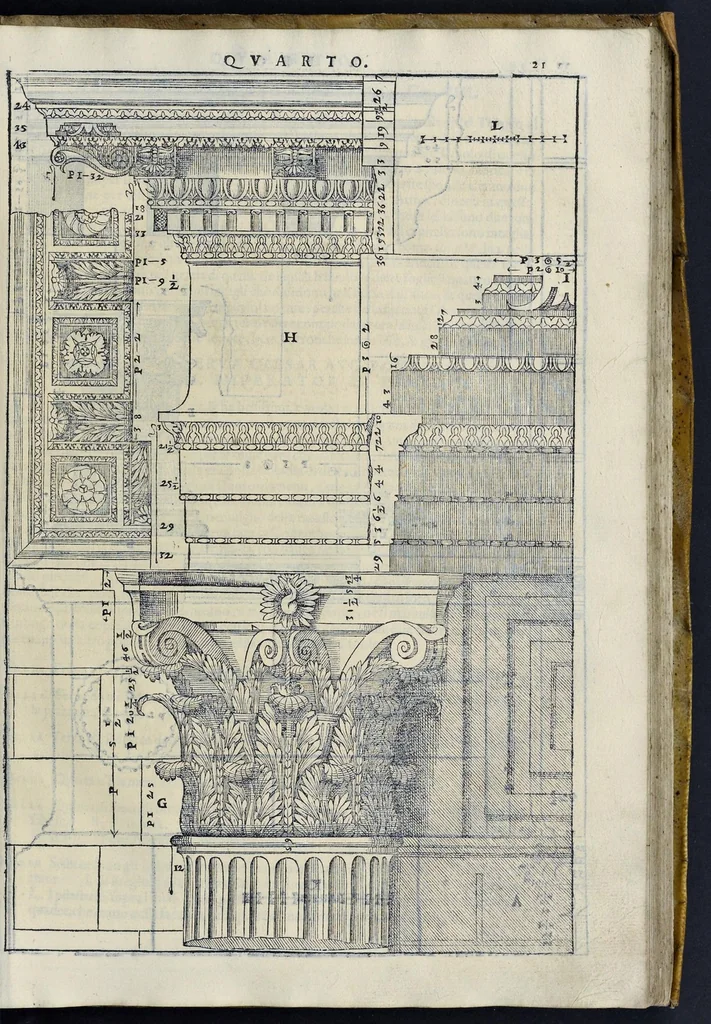 An illustration from I quattro libri dell'architettura di Andrea Palladio : ne' quali, dopo vn breue trattato de' cinque ordini, & di quelli auertimenti, che sono piu necessarij nel fabricare : si tratta delle case priuate, delle vie, dei ponti, delle piazze, dei xisti, et de' tempij, 1581, leaf 220