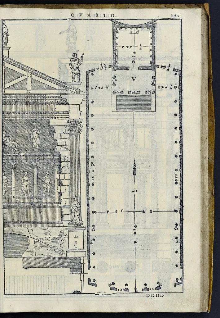 An illustration from I quattro libri dell'architettura di Andrea Palladio : ne' quali, dopo vn breue trattato de' cinque ordini, & di quelli auertimenti, che sono piu necessarij nel fabricare : si tratta delle case priuate, delle vie, dei ponti, delle piazze, dei xisti, et de' tempij, 1581, leaf 224