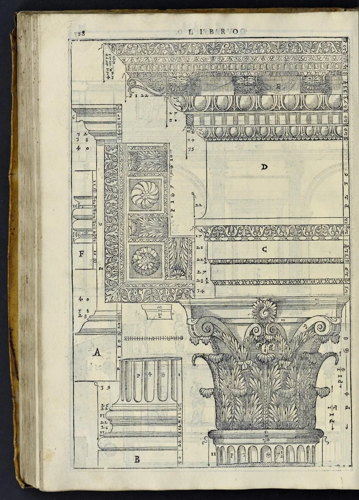An illustration from I quattro libri dell'architettura di Andrea Palladio : ne' quali, dopo vn breue trattato de' cinque ordini, & di quelli auertimenti, che sono piu necessarij nel fabricare : si tratta delle case priuate, delle vie, dei ponti, delle piazze, dei xisti, et de' tempij, 1581, leaf 227
