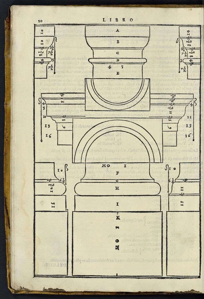 An illustration from I quattro libri dell'architettura di Andrea Palladio : ne' quali, dopo vn breue trattato de' cinque ordini, & di quelli auertimenti, che sono piu necessarij nel fabricare : si tratta delle case priuate, delle vie, dei ponti, delle piazze, dei xisti, et de' tempij, 1581, leaf 23