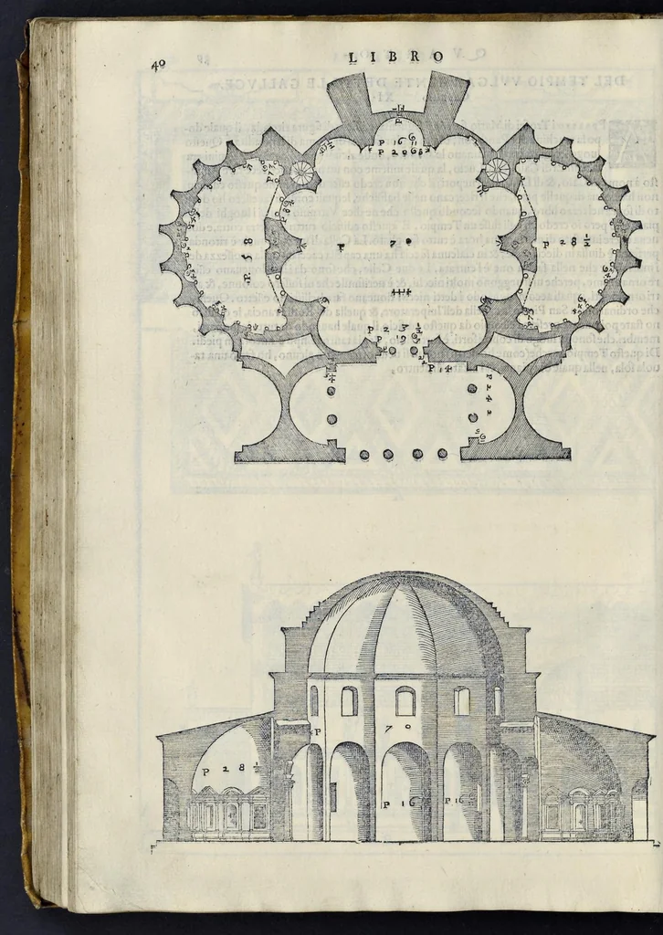 An illustration from I quattro libri dell'architettura di Andrea Palladio : ne' quali, dopo vn breue trattato de' cinque ordini, & di quelli auertimenti, che sono piu necessarij nel fabricare : si tratta delle case priuate, delle vie, dei ponti, delle piazze, dei xisti, et de' tempij, 1581, leaf 239