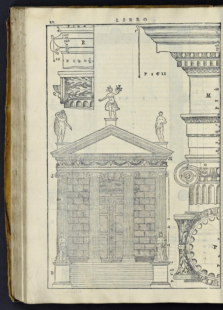 An illustration from I quattro libri dell'architettura di Andrea Palladio : ne' quali, dopo vn breue trattato de' cinque ordini, & di quelli auertimenti, che sono piu necessarij nel fabricare : si tratta delle case priuate, delle vie, dei ponti, delle piazze, dei xisti, et de' tempij, 1581, leaf 249