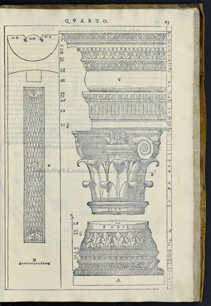 An illustration from I quattro libri dell'architettura di Andrea Palladio : ne' quali, dopo vn breue trattato de' cinque ordini, & di quelli auertimenti, che sono piu necessarij nel fabricare : si tratta delle case priuate, delle vie, dei ponti, delle piazze, dei xisti, et de' tempij, 1581, leaf 262