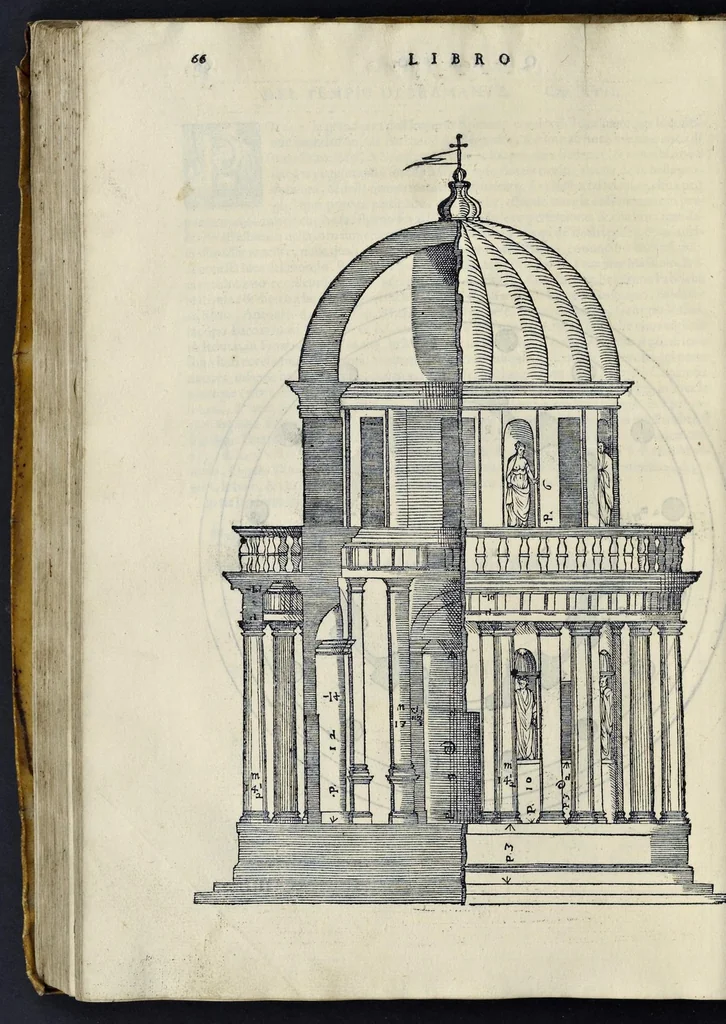 An illustration from I quattro libri dell'architettura di Andrea Palladio : ne' quali, dopo vn breue trattato de' cinque ordini, & di quelli auertimenti, che sono piu necessarij nel fabricare : si tratta delle case priuate, delle vie, dei ponti, delle piazze, dei xisti, et de' tempij, 1581, leaf 265