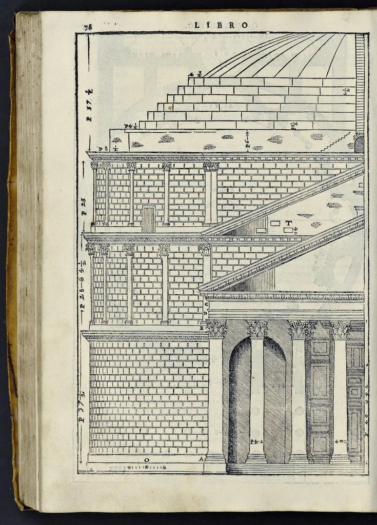 An illustration from I quattro libri dell'architettura di Andrea Palladio : ne' quali, dopo vn breue trattato de' cinque ordini, & di quelli auertimenti, che sono piu necessarij nel fabricare : si tratta delle case priuate, delle vie, dei ponti, delle piazze, dei xisti, et de' tempij, 1581, leaf 275