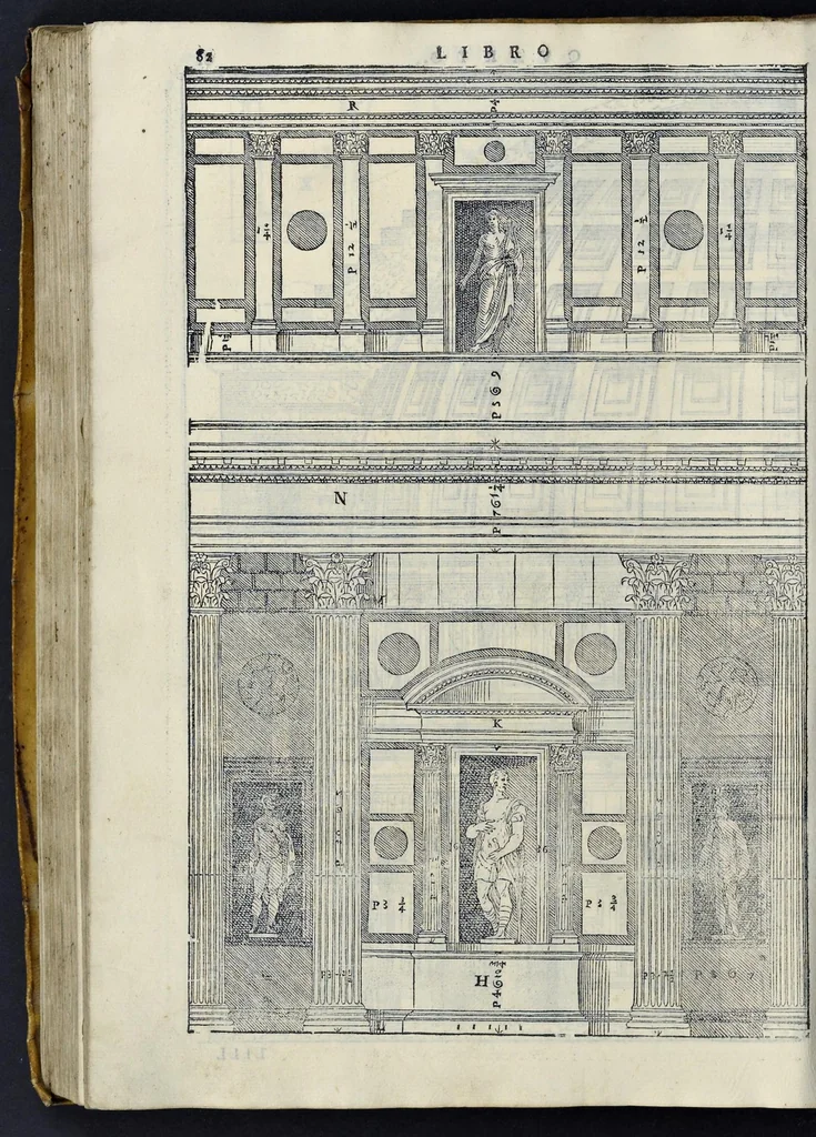 An illustration from I quattro libri dell'architettura di Andrea Palladio : ne' quali, dopo vn breue trattato de' cinque ordini, & di quelli auertimenti, che sono piu necessarij nel fabricare : si tratta delle case priuate, delle vie, dei ponti, delle piazze, dei xisti, et de' tempij, 1581, leaf 281