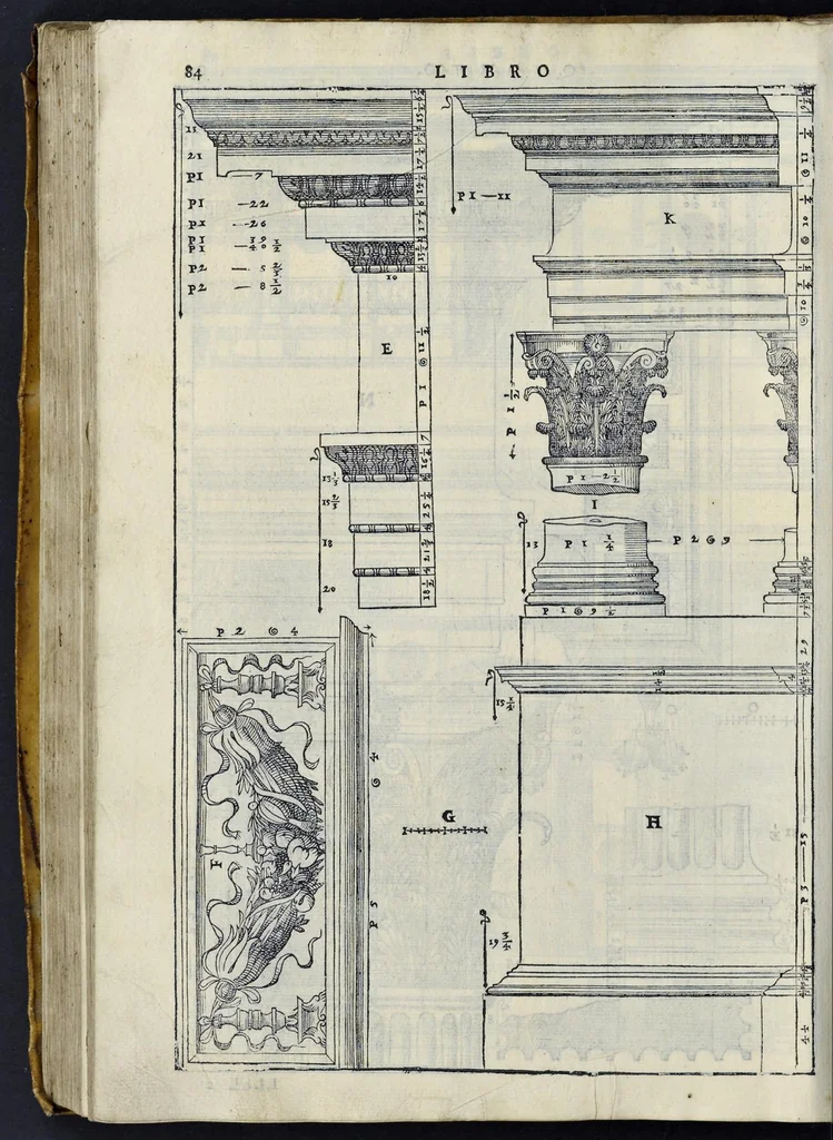 An illustration from I quattro libri dell'architettura di Andrea Palladio : ne' quali, dopo vn breue trattato de' cinque ordini, & di quelli auertimenti, che sono piu necessarij nel fabricare : si tratta delle case priuate, delle vie, dei ponti, delle piazze, dei xisti, et de' tempij, 1581, leaf 283
