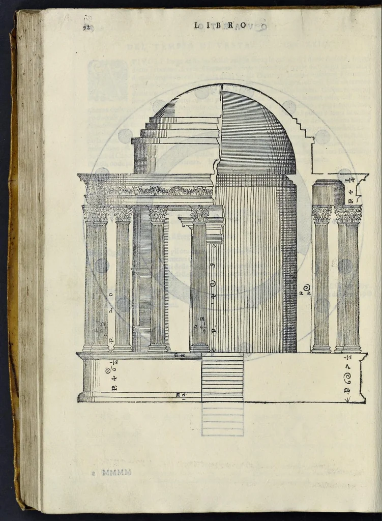 An illustration from I quattro libri dell'architettura di Andrea Palladio : ne' quali, dopo vn breue trattato de' cinque ordini, & di quelli auertimenti, che sono piu necessarij nel fabricare : si tratta delle case priuate, delle vie, dei ponti, delle piazze, dei xisti, et de' tempij, 1581, leaf 291