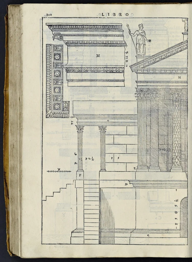 An illustration from I quattro libri dell'architettura di Andrea Palladio : ne' quali, dopo vn breue trattato de' cinque ordini, & di quelli auertimenti, che sono piu necessarij nel fabricare : si tratta delle case priuate, delle vie, dei ponti, delle piazze, dei xisti, et de' tempij, 1581, leaf 299