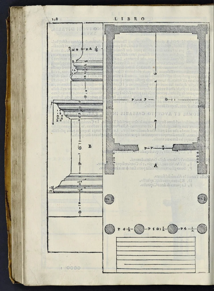 An illustration from I quattro libri dell'architettura di Andrea Palladio : ne' quali, dopo vn breue trattato de' cinque ordini, & di quelli auertimenti, che sono piu necessarij nel fabricare : si tratta delle case priuate, delle vie, dei ponti, delle piazze, dei xisti, et de' tempij, 1581, leaf 307