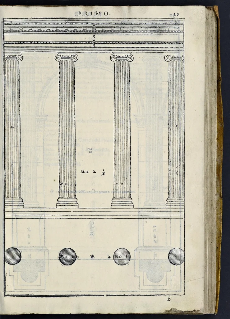 An illustration from I quattro libri dell'architettura di Andrea Palladio : ne' quali, dopo vn breue trattato de' cinque ordini, & di quelli auertimenti, che sono piu necessarij nel fabricare : si tratta delle case priuate, delle vie, dei ponti, delle piazze, dei xisti, et de' tempij, 1581, leaf 32