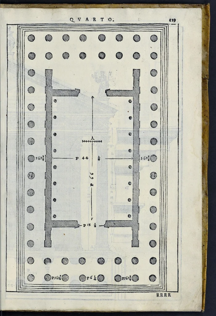 An illustration from I quattro libri dell'architettura di Andrea Palladio : ne' quali, dopo vn breue trattato de' cinque ordini, & di quelli auertimenti, che sono piu necessarij nel fabricare : si tratta delle case priuate, delle vie, dei ponti, delle piazze, dei xisti, et de' tempij, 1581, leaf 328