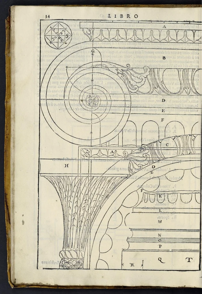 An illustration from I quattro libri dell'architettura di Andrea Palladio : ne' quali, dopo vn breue trattato de' cinque ordini, & di quelli auertimenti, che sono piu necessarij nel fabricare : si tratta delle case priuate, delle vie, dei ponti, delle piazze, dei xisti, et de' tempij, 1581, leaf 37