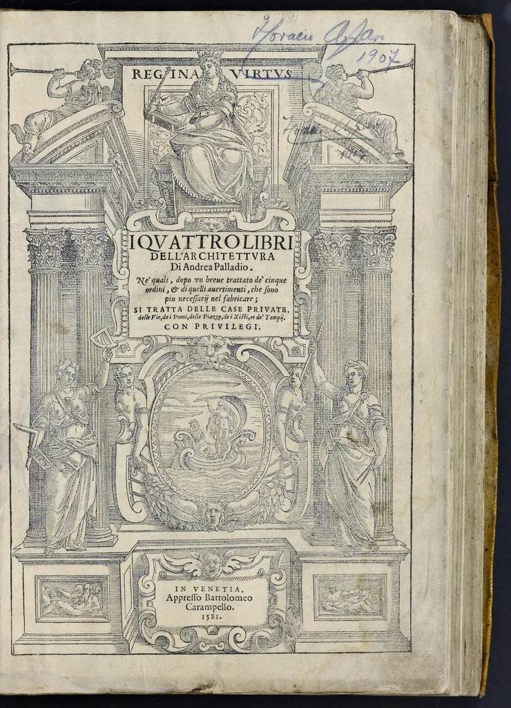 An illustration from I quattro libri dell'architettura di Andrea Palladio : ne' quali, dopo vn breue trattato de' cinque ordini, & di quelli auertimenti, che sono piu necessarij nel fabricare : si tratta delle case priuate, delle vie, dei ponti, delle piazze, dei xisti, et de' tempij, 1581, leaf 4