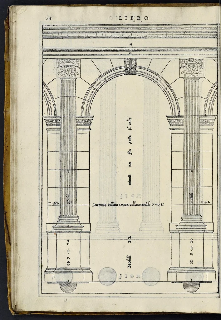 An illustration from I quattro libri dell'architettura di Andrea Palladio : ne' quali, dopo vn breue trattato de' cinque ordini, & di quelli auertimenti, che sono piu necessarij nel fabricare : si tratta delle case priuate, delle vie, dei ponti, delle piazze, dei xisti, et de' tempij, 1581, leaf 49