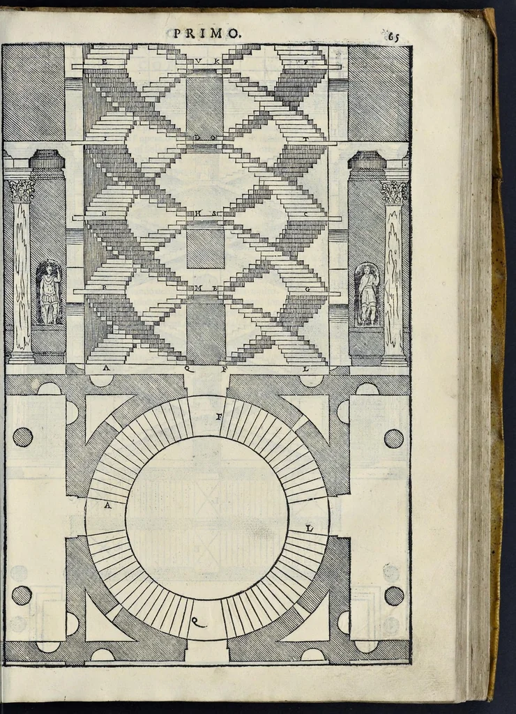 An illustration from I quattro libri dell'architettura di Andrea Palladio : ne' quali, dopo vn breue trattato de' cinque ordini, & di quelli auertimenti, che sono piu necessarij nel fabricare : si tratta delle case priuate, delle vie, dei ponti, delle piazze, dei xisti, et de' tempij, 1581, leaf 68