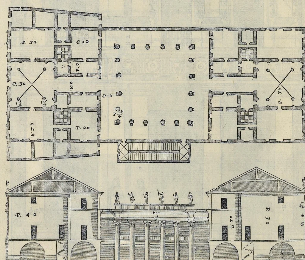 An illustration from I quattro libri dell'architettura di Andrea Palladio : ne' quali, dopo vn breue trattato de' cinque ordini, & di quelli auertimenti, che sono piu necessarij nel fabricare : si tratta delle case priuate, delle vie, dei ponti, delle piazze, dei xisti, et de' tempij, 1581, leaf 79