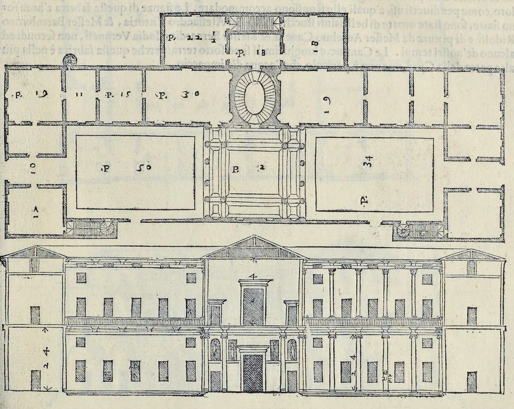 An illustration from I quattro libri dell'architettura di Andrea Palladio : ne' quali, dopo vn breue trattato de' cinque ordini, & di quelli auertimenti, che sono piu necessarij nel fabricare : si tratta delle case priuate, delle vie, dei ponti, delle piazze, dei xisti, et de' tempij, 1581, leaf 82