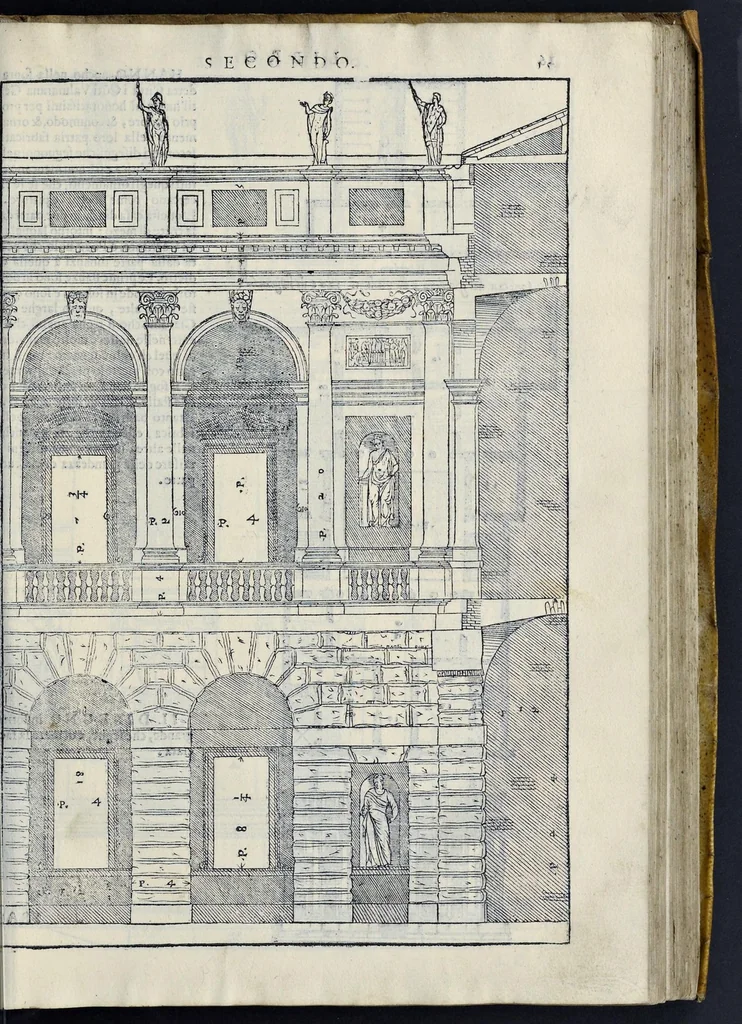 An illustration from I quattro libri dell'architettura di Andrea Palladio : ne' quali, dopo vn breue trattato de' cinque ordini, & di quelli auertimenti, che sono piu necessarij nel fabricare : si tratta delle case priuate, delle vie, dei ponti, delle piazze, dei xisti, et de' tempij, 1581, leaf 86
