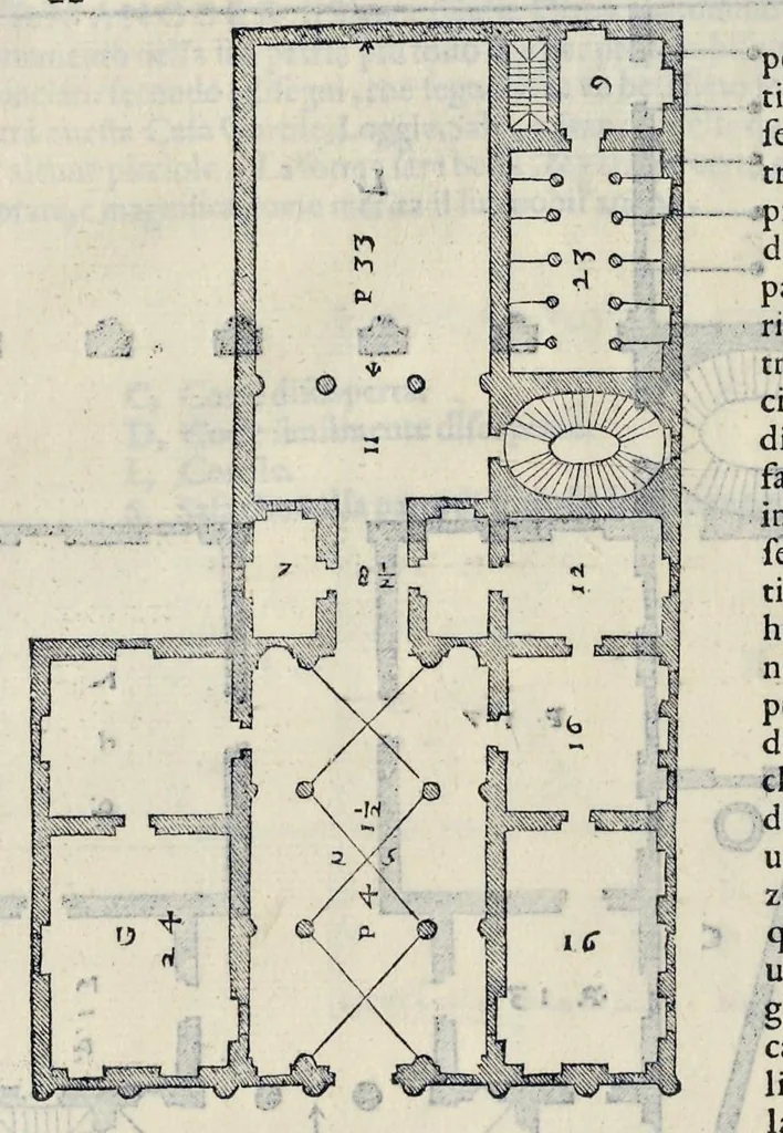 An illustration from I quattro libri dell'architettura di Andrea Palladio : ne' quali, dopo vn breue trattato de' cinque ordini, & di quelli auertimenti, che sono piu necessarij nel fabricare : si tratta delle case priuate, delle vie, dei ponti, delle piazze, dei xisti, et de' tempij, 1581, leaf 93