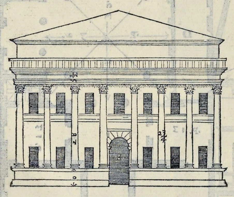 An illustration from I quattro libri dell'architettura di Andrea Palladio : ne' quali, dopo vn breue trattato de' cinque ordini, & di quelli auertimenti, che sono piu necessarij nel fabricare : si tratta delle case priuate, delle vie, dei ponti, delle piazze, dei xisti, et de' tempij, 1581, leaf 93