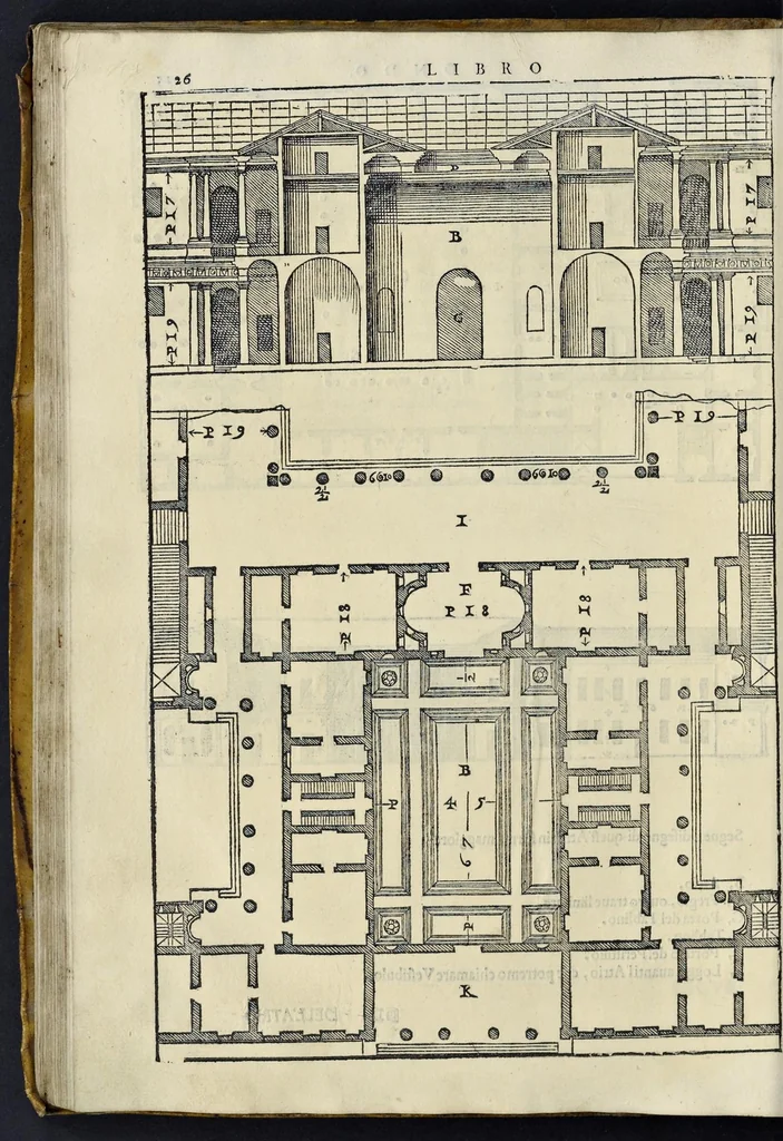 An illustration from I quattro libri dell'architettura di Andrea Palladio : ne' quali, dopo vn breue trattato de' cinque ordini, & di quelli auertimenti, che sono piu necessarij nel fabricare : si tratta delle case priuate, delle vie, dei ponti, delle piazze, dei xisti, et de' tempij, 1581, leaf 97
