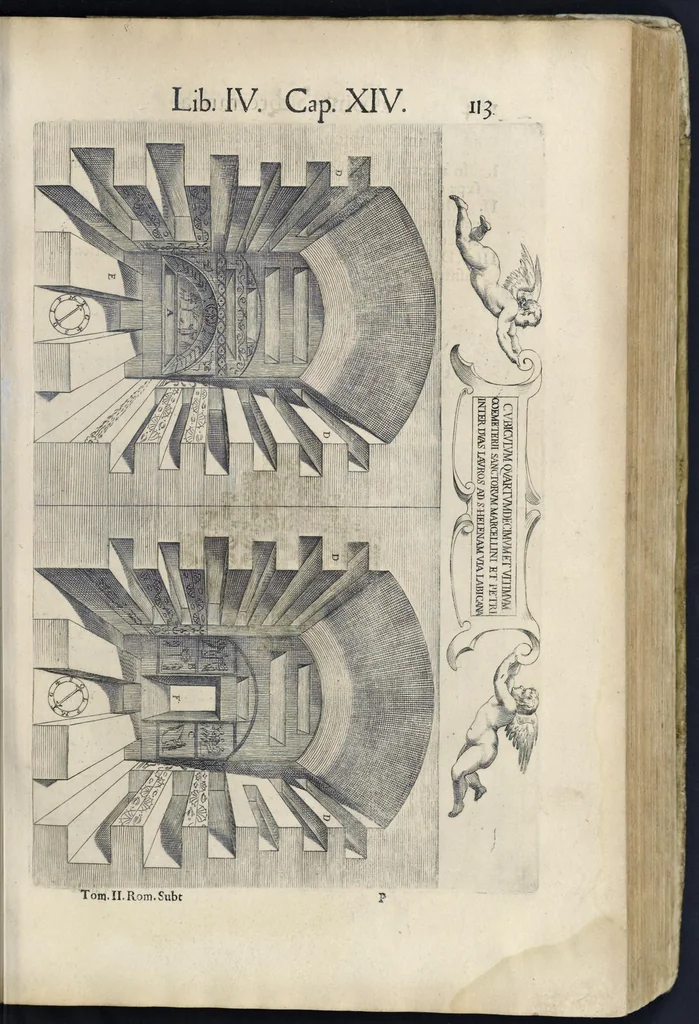An illustration from Roma svbterranea novissima : in qva post Antonivm Bosivm antesignanvm, Io. Severanvm congreg. oratorii presbytervm, et celebres alios scriptores : antiqva Christianorvm et praecipue martyrun cœmeteria, titvli, monimenta, epitaphia, inscriptiones ac nobiliora sanctorvm sepvlchra, sex libris distincta illustrantvr et qvamplvrimae res ecclesiasticae iconibvs graphice describuntur, ac multiplici tum sacra, tum profana eruditione declarantur : cum duplici indice, capitum & rerum locupletissimo : opera et stvdio, 1651, leaf 132