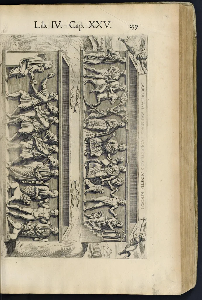 An illustration from Roma svbterranea novissima : in qva post Antonivm Bosivm antesignanvm, Io. Severanvm congreg. oratorii presbytervm, et celebres alios scriptores : antiqva Christianorvm et praecipue martyrun cœmeteria, titvli, monimenta, epitaphia, inscriptiones ac nobiliora sanctorvm sepvlchra, sex libris distincta illustrantvr et qvamplvrimae res ecclesiasticae iconibvs graphice describuntur, ac multiplici tum sacra, tum profana eruditione declarantur : cum duplici indice, capitum & rerum locupletissimo : opera et stvdio, 1651, leaf 178