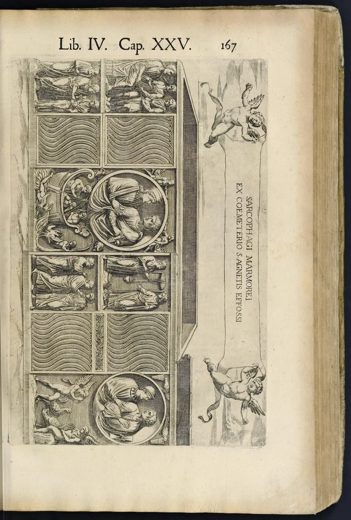 An illustration from Roma svbterranea novissima : in qva post Antonivm Bosivm antesignanvm, Io. Severanvm congreg. oratorii presbytervm, et celebres alios scriptores : antiqva Christianorvm et praecipue martyrun cœmeteria, titvli, monimenta, epitaphia, inscriptiones ac nobiliora sanctorvm sepvlchra, sex libris distincta illustrantvr et qvamplvrimae res ecclesiasticae iconibvs graphice describuntur, ac multiplici tum sacra, tum profana eruditione declarantur : cum duplici indice, capitum & rerum locupletissimo : opera et stvdio, 1651, leaf 186