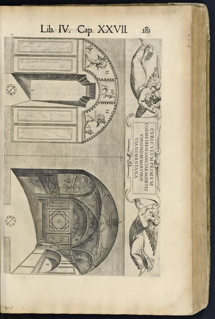 An illustration from Roma svbterranea novissima : in qva post Antonivm Bosivm antesignanvm, Io. Severanvm congreg. oratorii presbytervm, et celebres alios scriptores : antiqva Christianorvm et praecipue martyrun cœmeteria, titvli, monimenta, epitaphia, inscriptiones ac nobiliora sanctorvm sepvlchra, sex libris distincta illustrantvr et qvamplvrimae res ecclesiasticae iconibvs graphice describuntur, ac multiplici tum sacra, tum profana eruditione declarantur : cum duplici indice, capitum & rerum locupletissimo : opera et stvdio, 1651, leaf 200