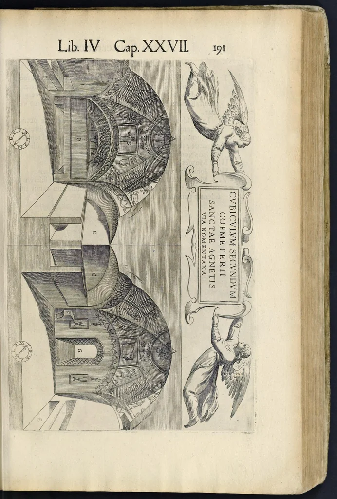 An illustration from Roma svbterranea novissima : in qva post Antonivm Bosivm antesignanvm, Io. Severanvm congreg. oratorii presbytervm, et celebres alios scriptores : antiqva Christianorvm et praecipue martyrun cœmeteria, titvli, monimenta, epitaphia, inscriptiones ac nobiliora sanctorvm sepvlchra, sex libris distincta illustrantvr et qvamplvrimae res ecclesiasticae iconibvs graphice describuntur, ac multiplici tum sacra, tum profana eruditione declarantur : cum duplici indice, capitum & rerum locupletissimo : opera et stvdio, 1651, leaf 210