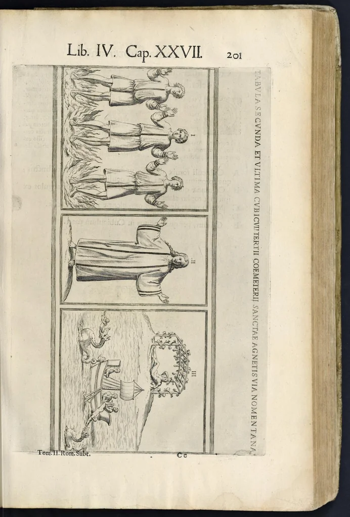 An illustration from Roma svbterranea novissima : in qva post Antonivm Bosivm antesignanvm, Io. Severanvm congreg. oratorii presbytervm, et celebres alios scriptores : antiqva Christianorvm et praecipue martyrun cœmeteria, titvli, monimenta, epitaphia, inscriptiones ac nobiliora sanctorvm sepvlchra, sex libris distincta illustrantvr et qvamplvrimae res ecclesiasticae iconibvs graphice describuntur, ac multiplici tum sacra, tum profana eruditione declarantur : cum duplici indice, capitum & rerum locupletissimo : opera et stvdio, 1651, leaf 220