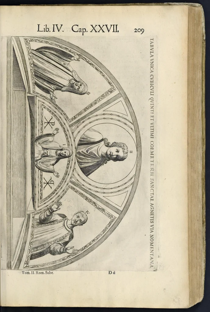 An illustration from Roma svbterranea novissima : in qva post Antonivm Bosivm antesignanvm, Io. Severanvm congreg. oratorii presbytervm, et celebres alios scriptores : antiqva Christianorvm et praecipue martyrun cœmeteria, titvli, monimenta, epitaphia, inscriptiones ac nobiliora sanctorvm sepvlchra, sex libris distincta illustrantvr et qvamplvrimae res ecclesiasticae iconibvs graphice describuntur, ac multiplici tum sacra, tum profana eruditione declarantur : cum duplici indice, capitum & rerum locupletissimo : opera et stvdio, 1651, leaf 228