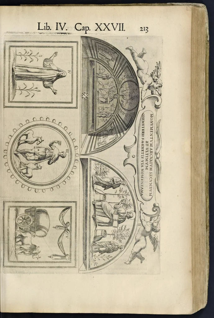 An illustration from Roma svbterranea novissima : in qva post Antonivm Bosivm antesignanvm, Io. Severanvm congreg. oratorii presbytervm, et celebres alios scriptores : antiqva Christianorvm et praecipue martyrun cœmeteria, titvli, monimenta, epitaphia, inscriptiones ac nobiliora sanctorvm sepvlchra, sex libris distincta illustrantvr et qvamplvrimae res ecclesiasticae iconibvs graphice describuntur, ac multiplici tum sacra, tum profana eruditione declarantur : cum duplici indice, capitum & rerum locupletissimo : opera et stvdio, 1651, leaf 232