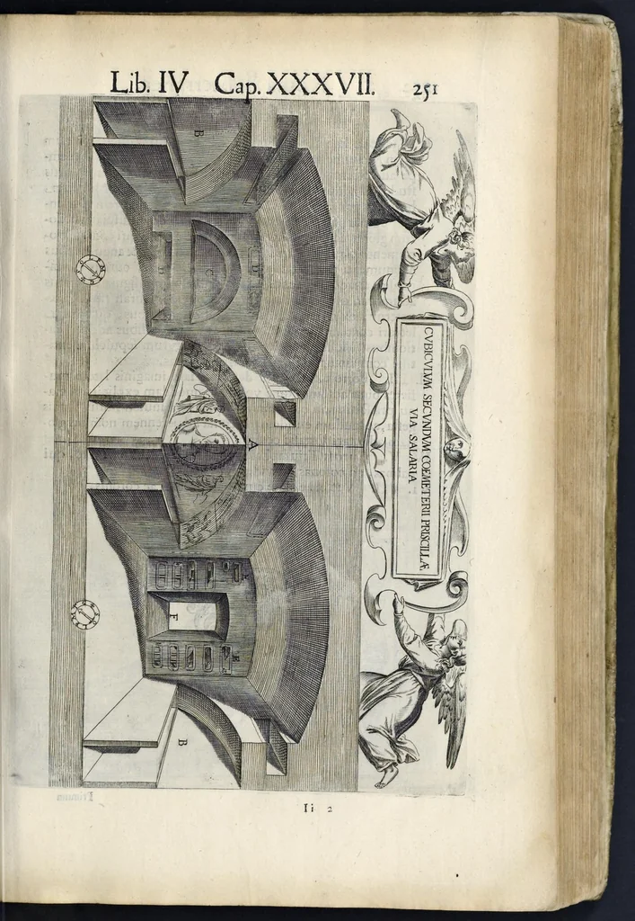 An illustration from Roma svbterranea novissima : in qva post Antonivm Bosivm antesignanvm, Io. Severanvm congreg. oratorii presbytervm, et celebres alios scriptores : antiqva Christianorvm et praecipue martyrun cœmeteria, titvli, monimenta, epitaphia, inscriptiones ac nobiliora sanctorvm sepvlchra, sex libris distincta illustrantvr et qvamplvrimae res ecclesiasticae iconibvs graphice describuntur, ac multiplici tum sacra, tum profana eruditione declarantur : cum duplici indice, capitum & rerum locupletissimo : opera et stvdio, 1651, leaf 270