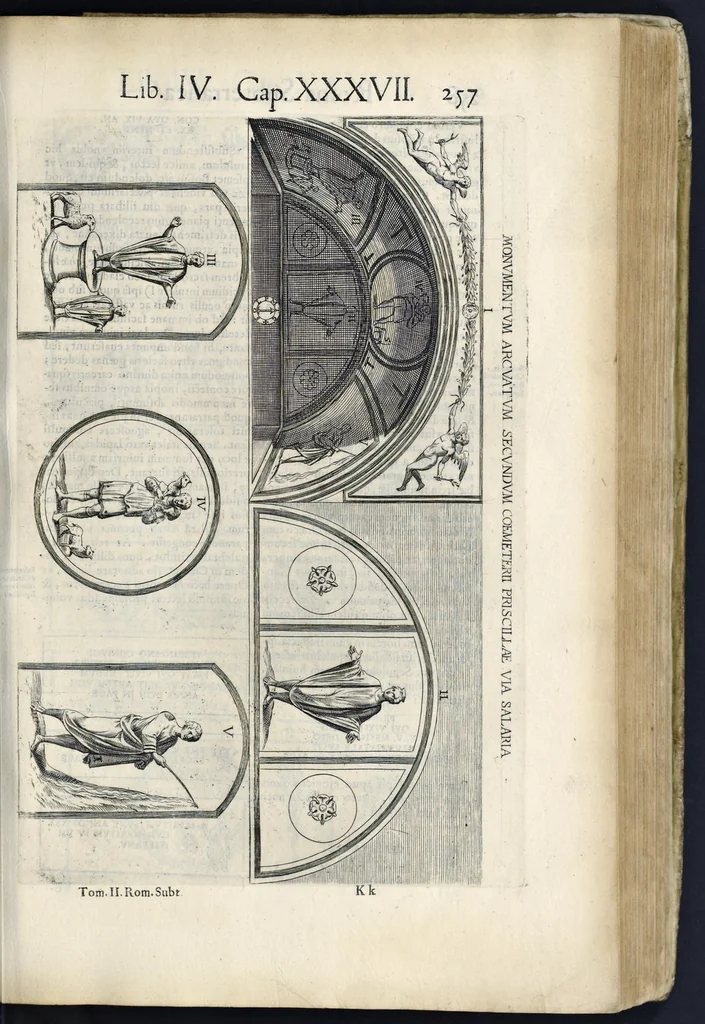 An illustration from Roma svbterranea novissima : in qva post Antonivm Bosivm antesignanvm, Io. Severanvm congreg. oratorii presbytervm, et celebres alios scriptores : antiqva Christianorvm et praecipue martyrun cœmeteria, titvli, monimenta, epitaphia, inscriptiones ac nobiliora sanctorvm sepvlchra, sex libris distincta illustrantvr et qvamplvrimae res ecclesiasticae iconibvs graphice describuntur, ac multiplici tum sacra, tum profana eruditione declarantur : cum duplici indice, capitum & rerum locupletissimo : opera et stvdio, 1651, leaf 276