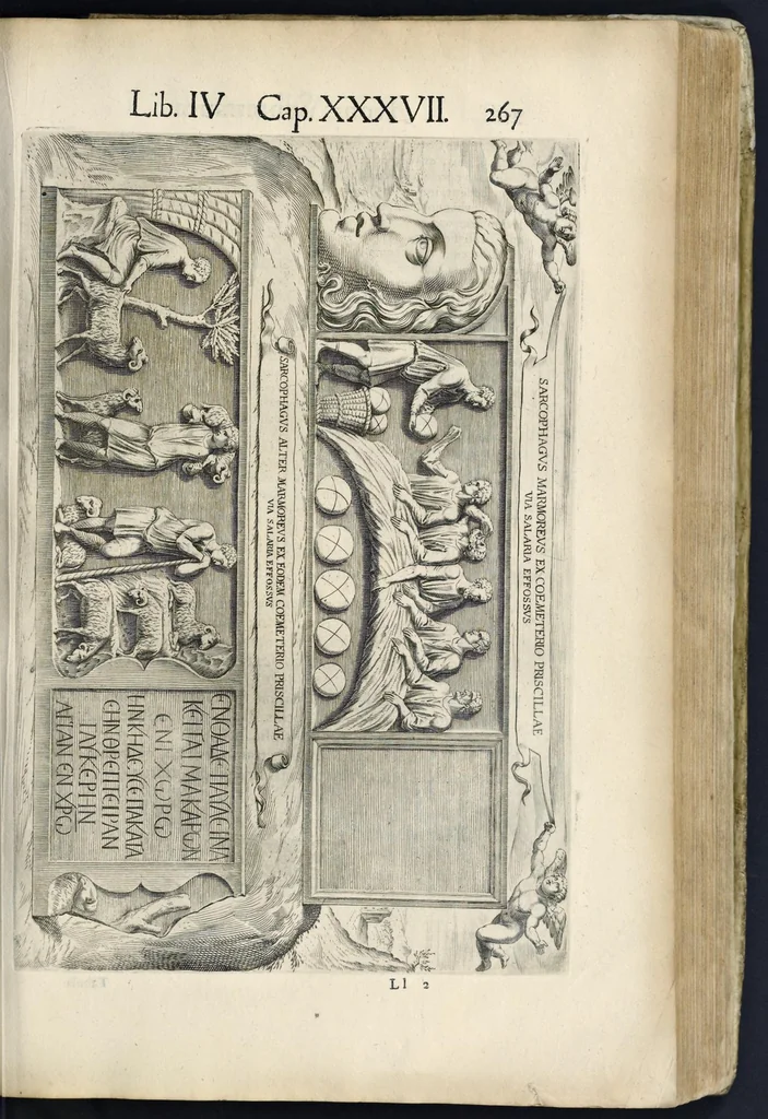 An illustration from Roma svbterranea novissima : in qva post Antonivm Bosivm antesignanvm, Io. Severanvm congreg. oratorii presbytervm, et celebres alios scriptores : antiqva Christianorvm et praecipue martyrun cœmeteria, titvli, monimenta, epitaphia, inscriptiones ac nobiliora sanctorvm sepvlchra, sex libris distincta illustrantvr et qvamplvrimae res ecclesiasticae iconibvs graphice describuntur, ac multiplici tum sacra, tum profana eruditione declarantur : cum duplici indice, capitum & rerum locupletissimo : opera et stvdio, 1651, leaf 286