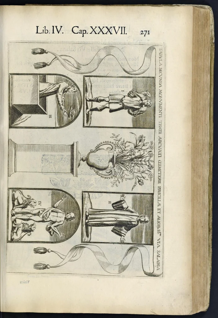 An illustration from Roma svbterranea novissima : in qva post Antonivm Bosivm antesignanvm, Io. Severanvm congreg. oratorii presbytervm, et celebres alios scriptores : antiqva Christianorvm et praecipue martyrun cœmeteria, titvli, monimenta, epitaphia, inscriptiones ac nobiliora sanctorvm sepvlchra, sex libris distincta illustrantvr et qvamplvrimae res ecclesiasticae iconibvs graphice describuntur, ac multiplici tum sacra, tum profana eruditione declarantur : cum duplici indice, capitum & rerum locupletissimo : opera et stvdio, 1651, leaf 290
