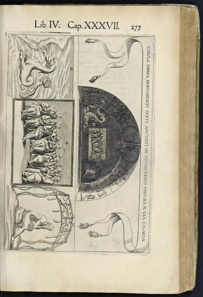 An illustration from Roma svbterranea novissima : in qva post Antonivm Bosivm antesignanvm, Io. Severanvm congreg. oratorii presbytervm, et celebres alios scriptores : antiqva Christianorvm et praecipue martyrun cœmeteria, titvli, monimenta, epitaphia, inscriptiones ac nobiliora sanctorvm sepvlchra, sex libris distincta illustrantvr et qvamplvrimae res ecclesiasticae iconibvs graphice describuntur, ac multiplici tum sacra, tum profana eruditione declarantur : cum duplici indice, capitum & rerum locupletissimo : opera et stvdio, 1651, leaf 296